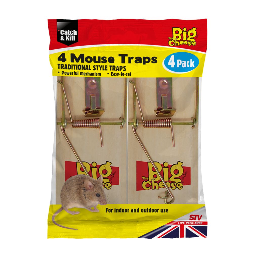 The Big Cheese Wooden Mouse Trap 4 Pack - Traditional Effective Snap Trap